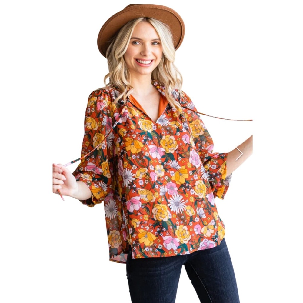 JODIFL Los Angeles Rust Orange Floral Ruffle Neck Smocked Cuff Blouse Small NWT